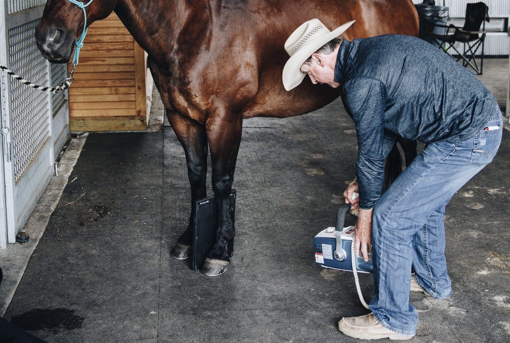 Dr. Steven Allday taking x-rays of a bay gelding's front left leg in a barn alleyway.